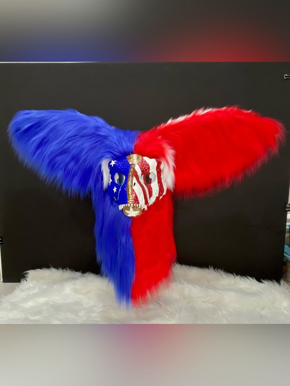 Dino Fursuit Mask Patriot Red & Blue Faux Fur w/nub tail  250th anniversary